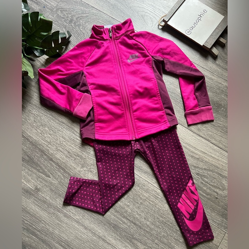 Nike Kids’ Full Zip Fuchsia Maroon Jacket and Polka Dot Leggings Matching Set 2T